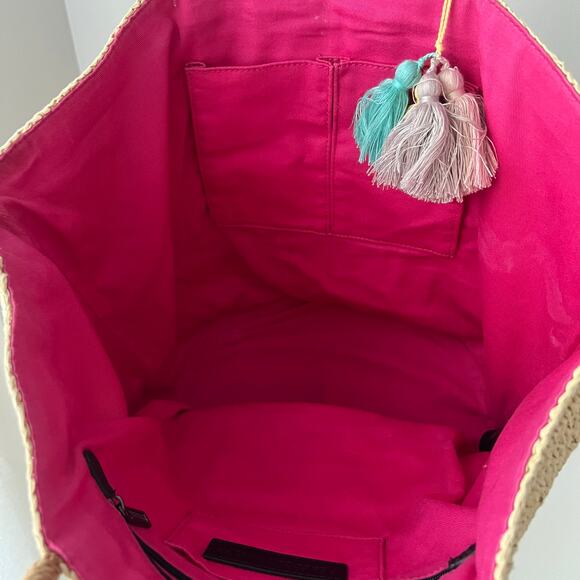 Rebecca Minkoff Sun Surf Sand Repeat Straw Tote Summer Beach Natural Tassels Fun - Picture 3 of 9